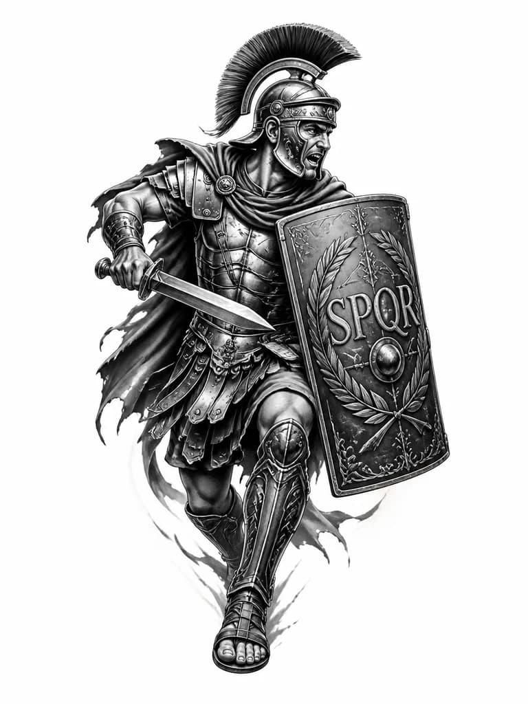 Тату эскиз: Римский легионер с надписью spqr без якоря и в динамике
