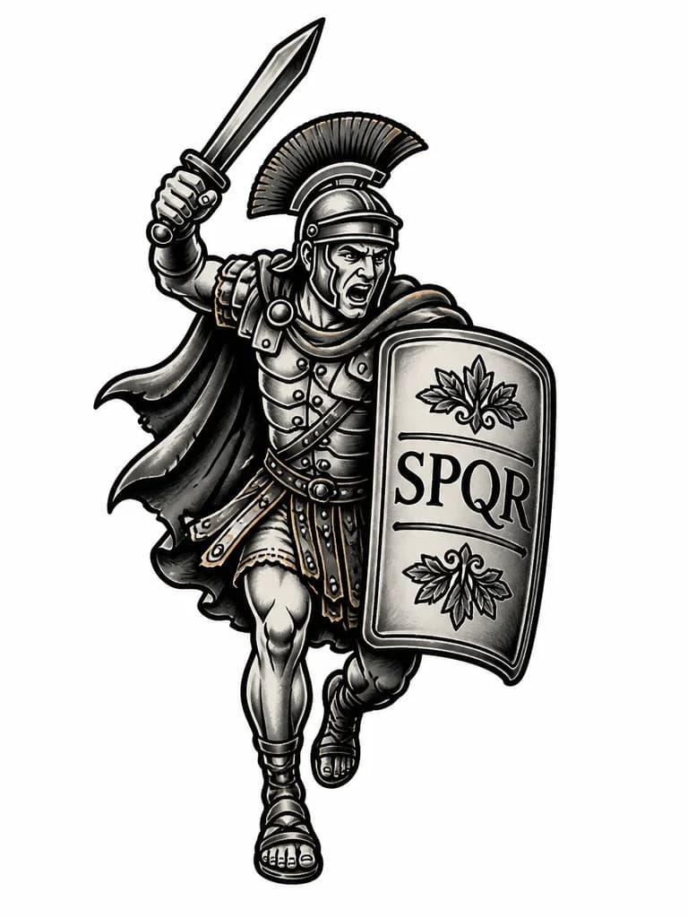 Тату эскиз: Римский легионер с надписью spqr без якоря и в динамике
