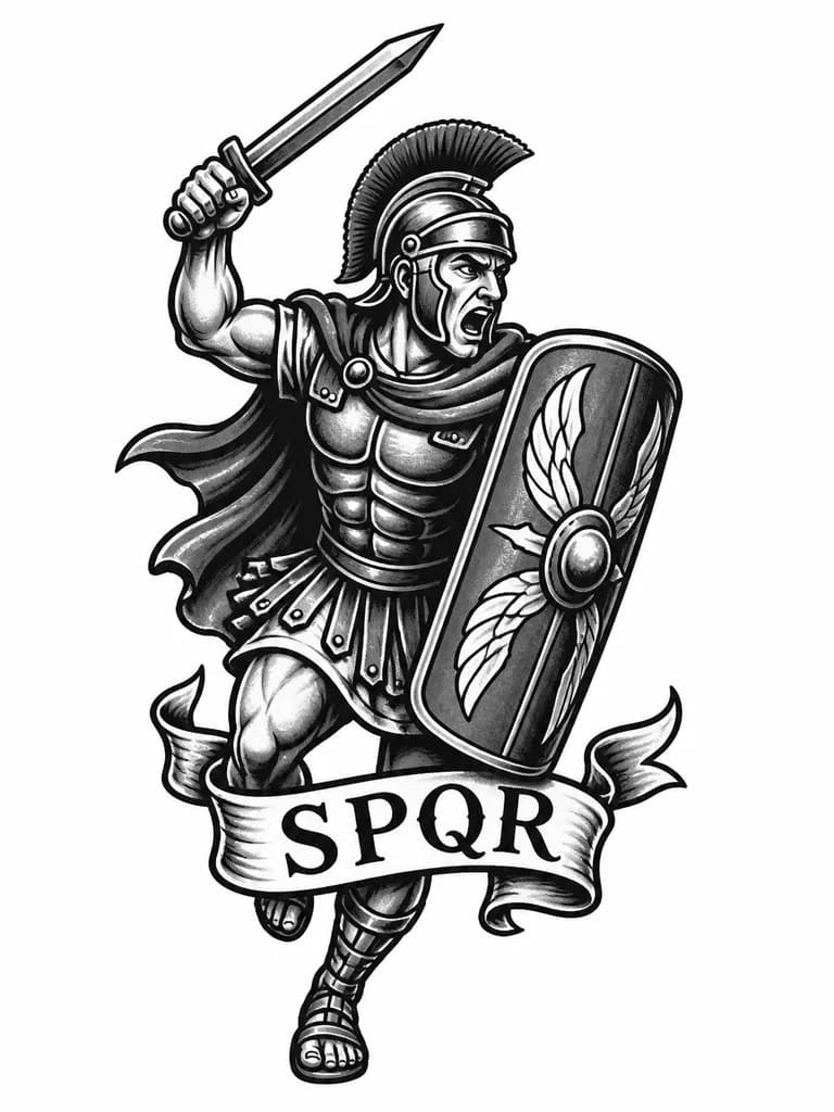 Тату эскиз: Римский легионер с надписью spqr без якоря и в динамике
