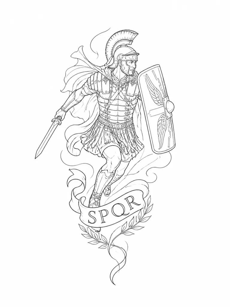 Тату эскиз: Римский легионер с надписью spqr без якоря и в динамике
