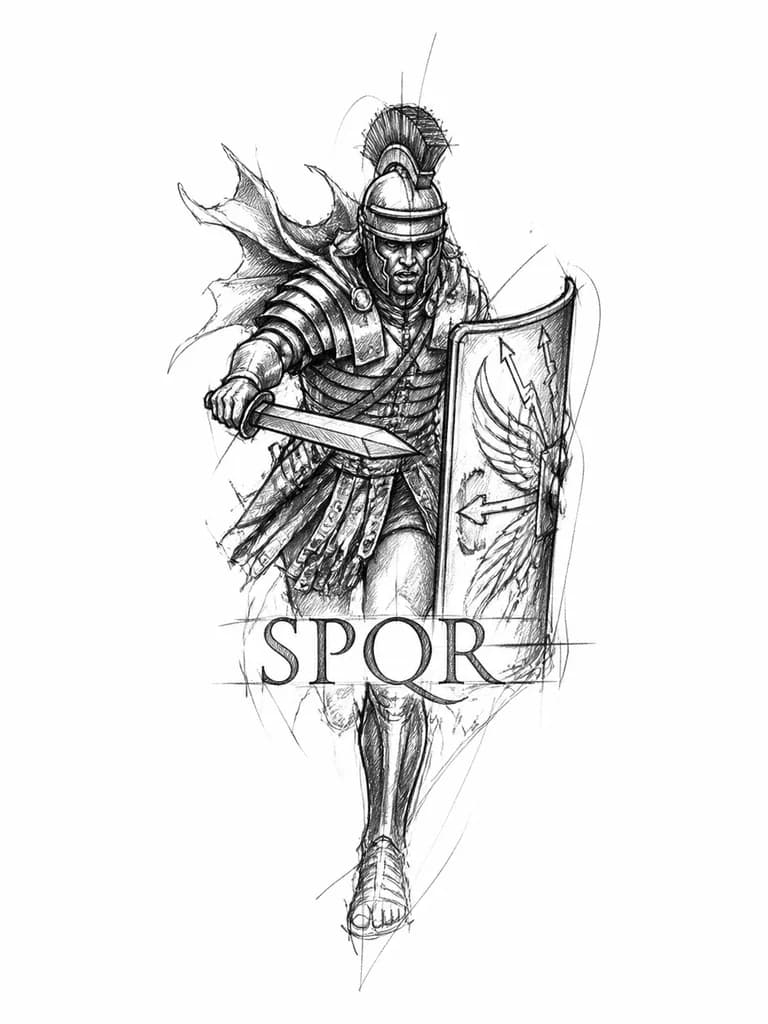 Тату эскиз: Римский легионер с надписью spqr без якоря и в динамике

