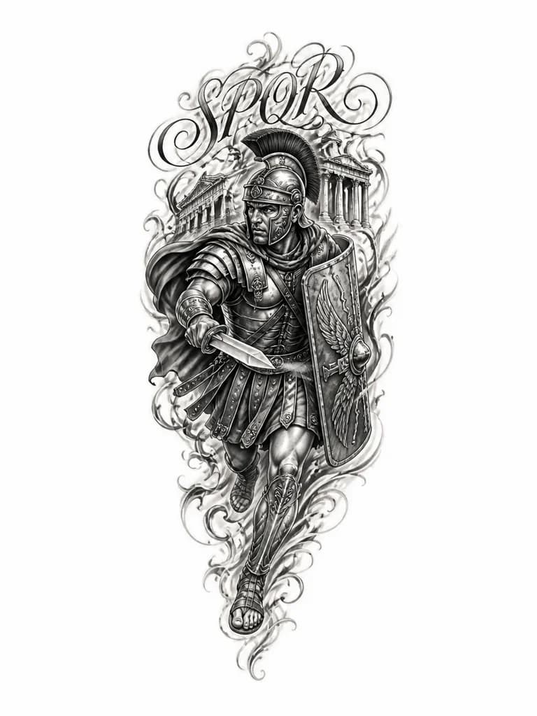 Тату эскиз: Римский легионер с надписью spqr без якоря и в динамике

