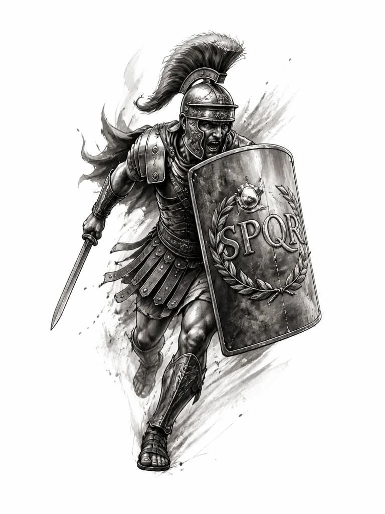 Тату эскиз: Римский легионер с надписью spqr без якоря и в динамике
