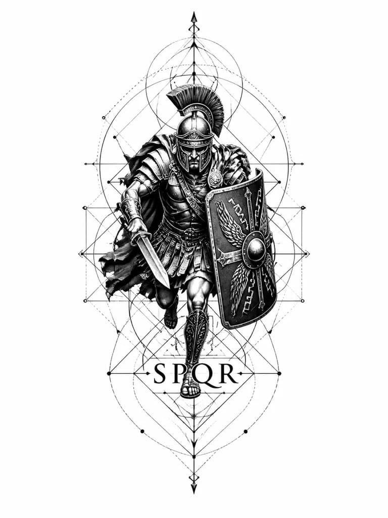 Тату эскиз: Римский легионер с надписью spqr без якоря и в динамике
