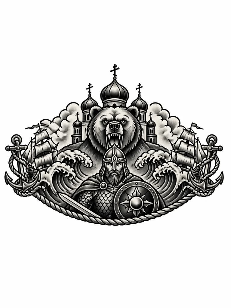 Тату эскиз: Медвежья голова на фоне русской церкви, а под ними русский рыцарь