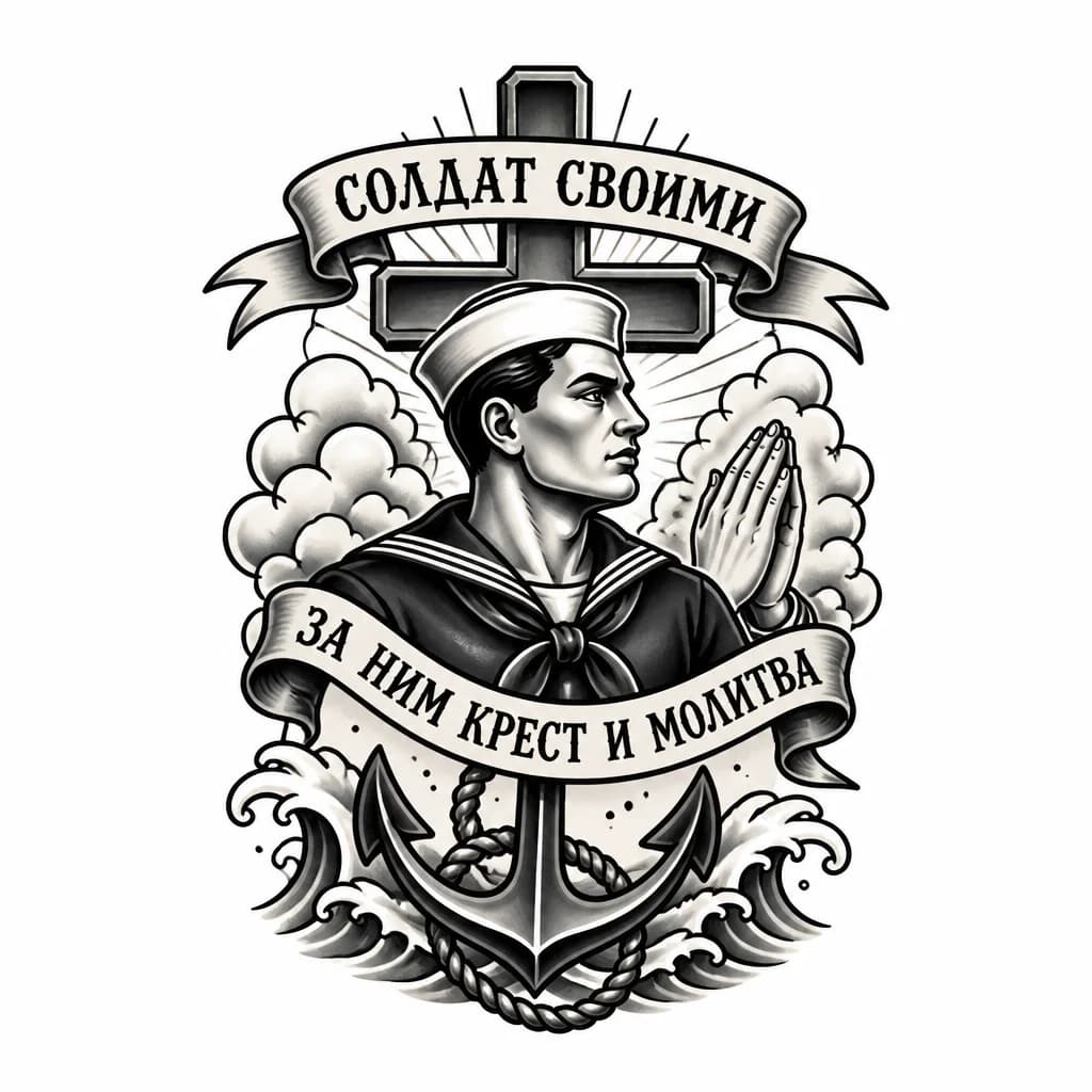 Тату эскиз: Солдат своими за ним крест и молитва

