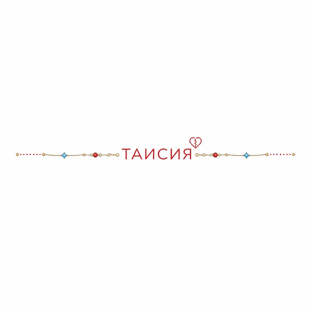 Тату эскиз: Красным цветом имя Таисия прописными буквами и маленькое прерванное сердечко над буквой я 
