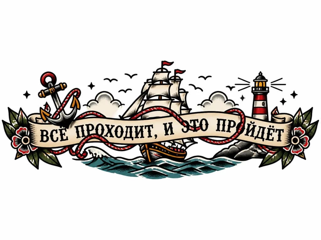Тату эскиз: Надпись: "Всё проходит, и это пройдёт" сквозь надпись проходит красная нить, 