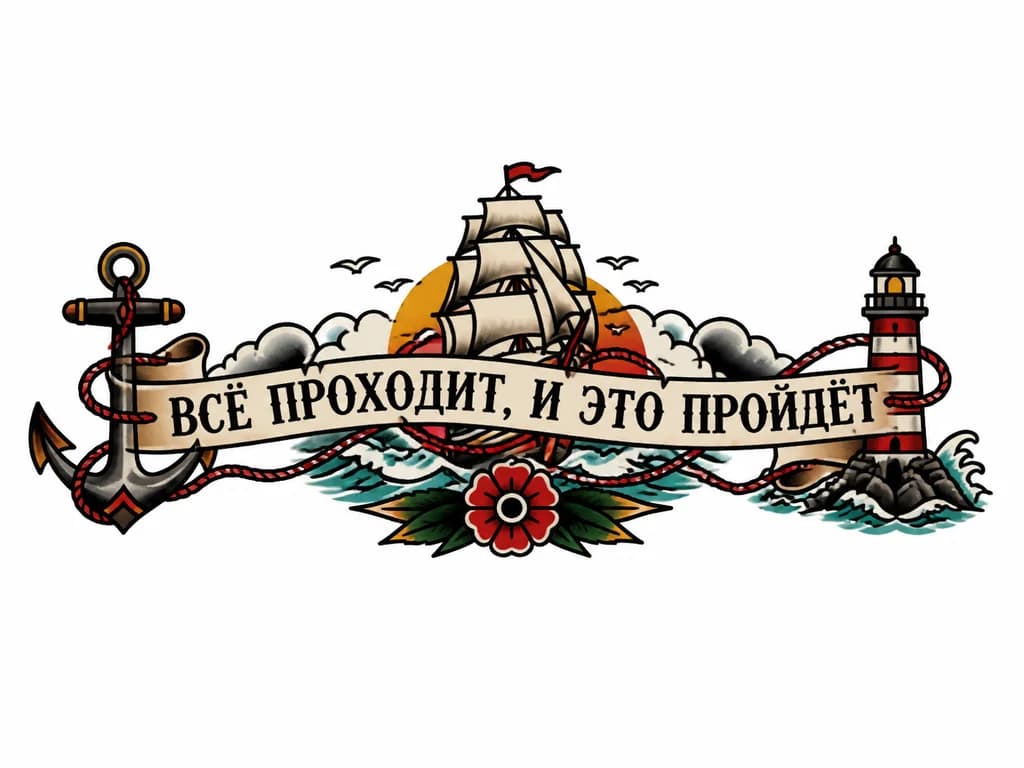 Тату эскиз: Надпись: "Всё проходит, и это пройдёт" сквозь надпись проходит красная нить, минималистичный стиль