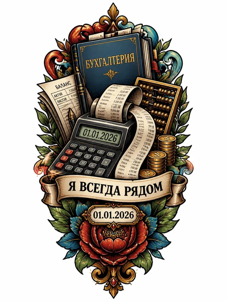 Тату эскиз: эскиз по трем тематикам бухгалтерия, с датой 01.01.2026, с надписью я всегда рядом