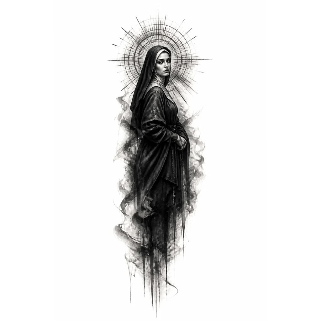 Тату эскиз: Gothic nun in three-quarter view, full body, black ink wash, sumi-e, dry brush, smoke and mist, neo-tribal ink drips, abstract geometric sunburst halo with concentric circles and radiating straight lines above head, no pagan symbols, worn woodcut texture, stamp imprint effect, high contrast, chaotic hatching, gritty paper --ar 2:3 --style raw --s 250 --weird 200 --v 6.0