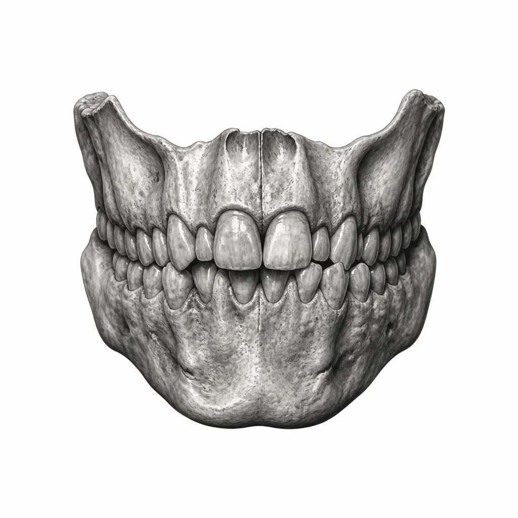 Тату эскиз: Monolithic human jaw, front view, anatomically distorted but recognizable. Upper and lower jaws form one continuous structure with an extremely minimal gap between the teeth, almost closed. Irregular crooked teeth, subtle deformation, human not animal. No skull, eyes, nose, lips or face. Vintage anatomical engraving, fine black ink linework, cross-hatching, white background, tattoo flash design.