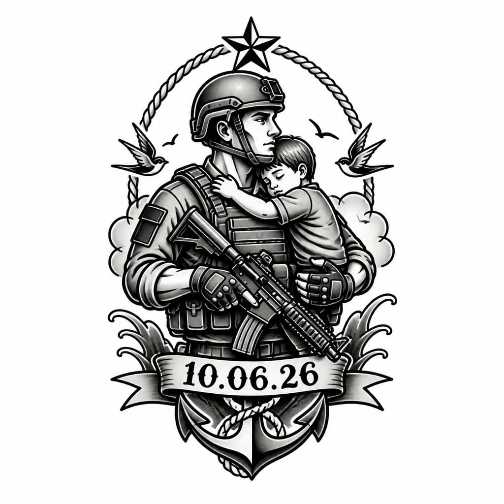 Тату эскиз: Тату боец с маленьким ребенком и автоматом 
