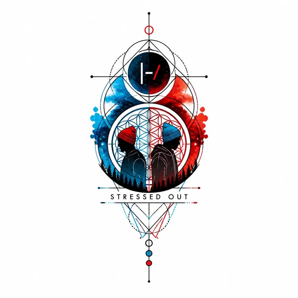 Тату эскиз: эскиз к песне Twenty One Pilots "Stressed Out" для татуировк
А строчка должна быть stressed out 
Татуировка должна быть небольшой и пересекаться с сюжетом песни