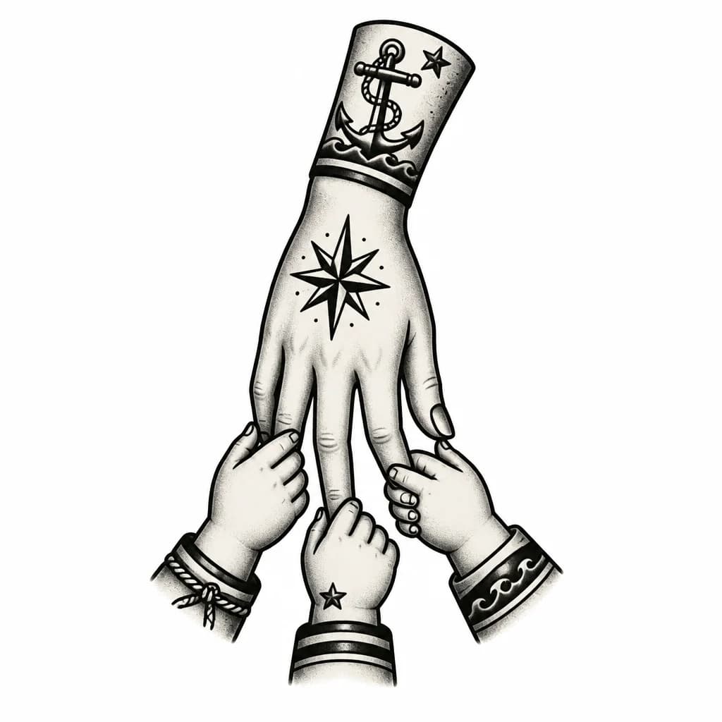 Тату эскиз: Тату о материнстве. На эскиз женская кисть, и ее за три пальца держат детские три кисти