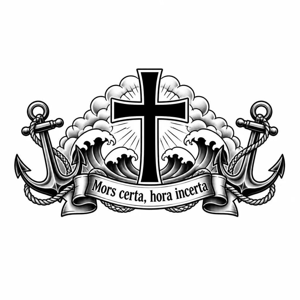 Тату эскиз: Строгий черный крест и надпись под крестом «Mors certa, hora incerta»