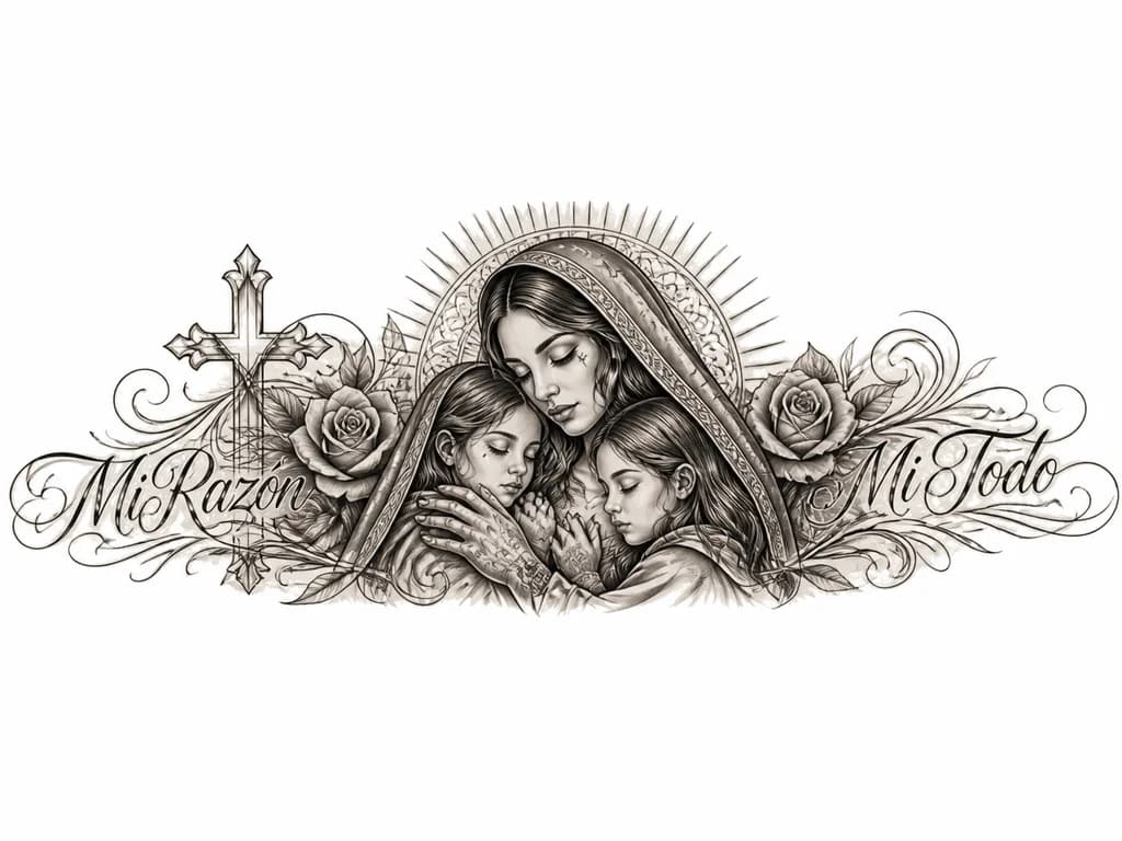 Тату эскиз: Тату символизирующее материнство . Мама с двумя дочками .
