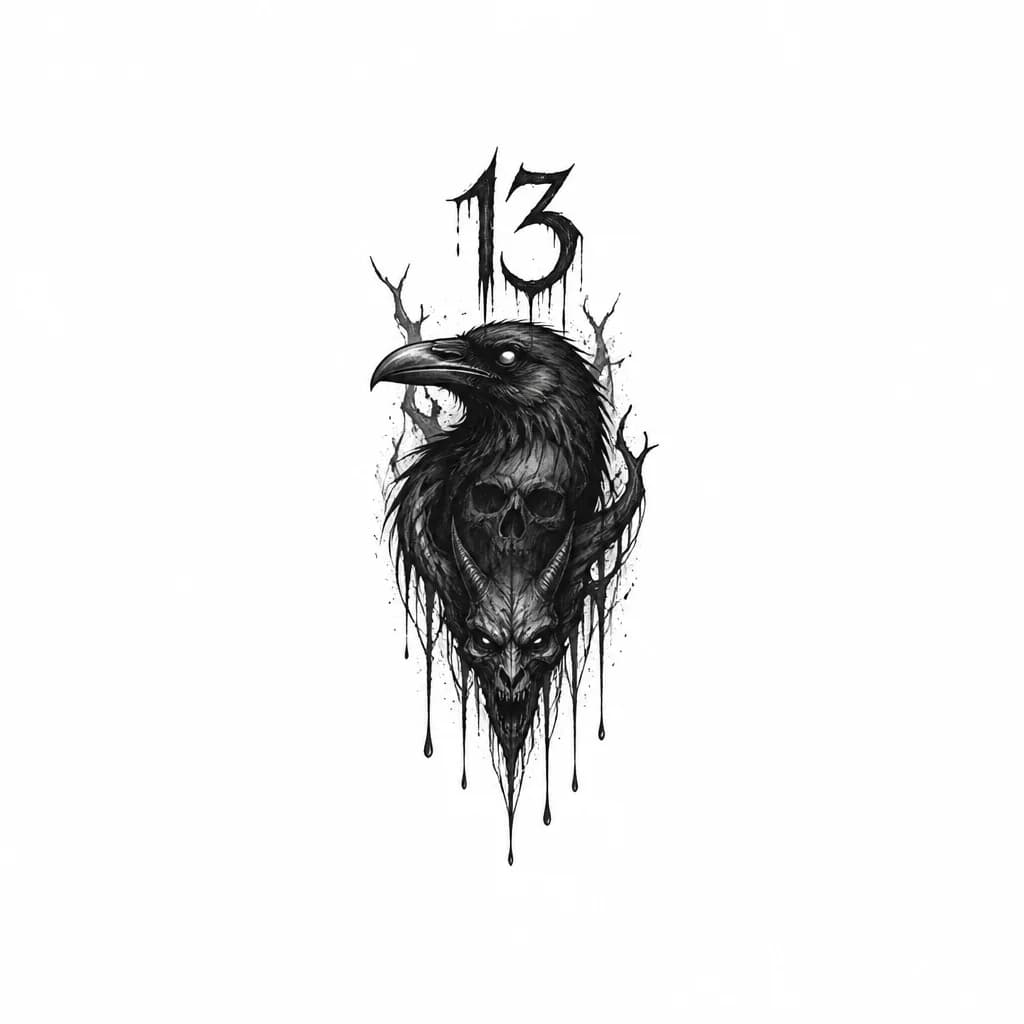 Тату эскиз: Ворон , цифра 13 , 