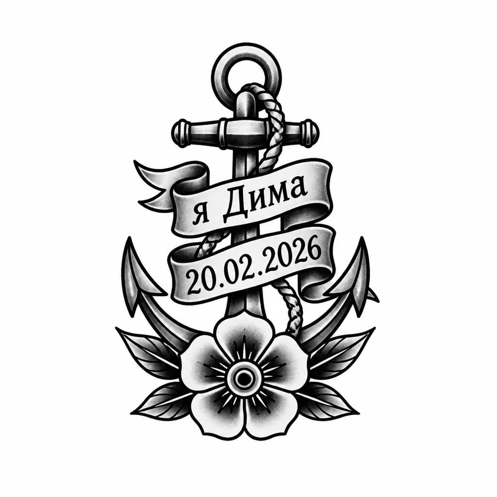 Тату эскиз: Надпись я Дима 20.02.2026 и нарисовать цветок 