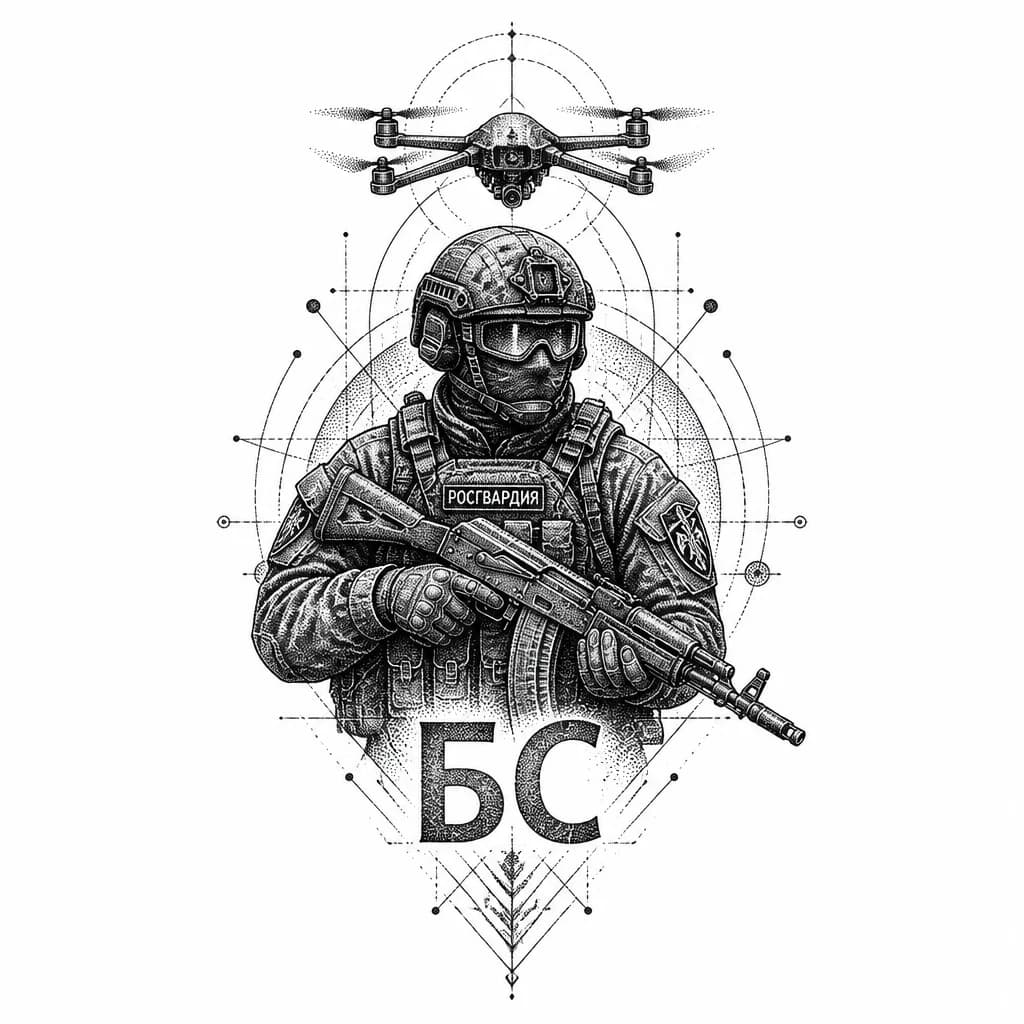 Тату эскиз: Спецназ росгвардии с ак-74 военный и на заднем фоне дрон 