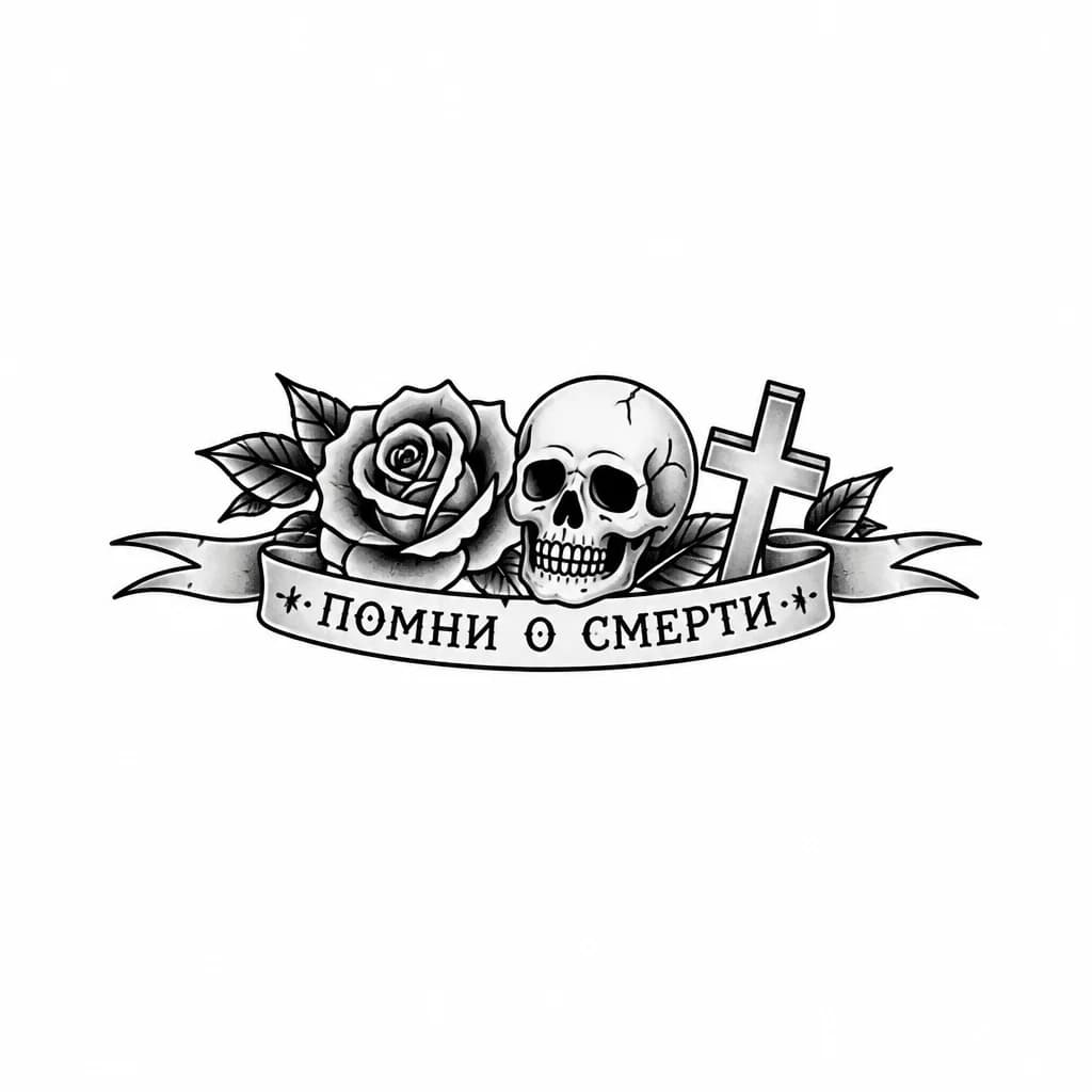 Тату эскиз: Роза с черепом и крестом
