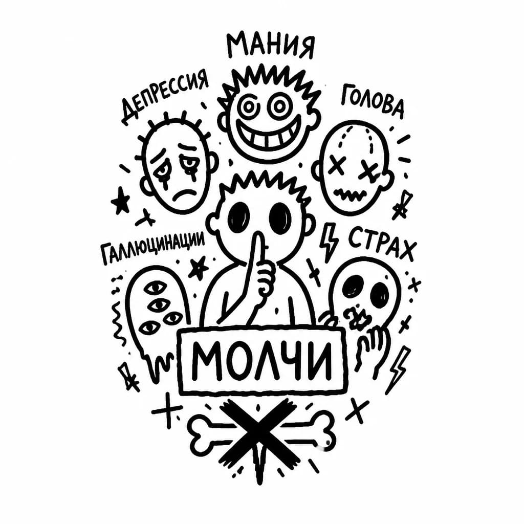 Тату эскиз: Мания депрессия голова галлюцинации страх