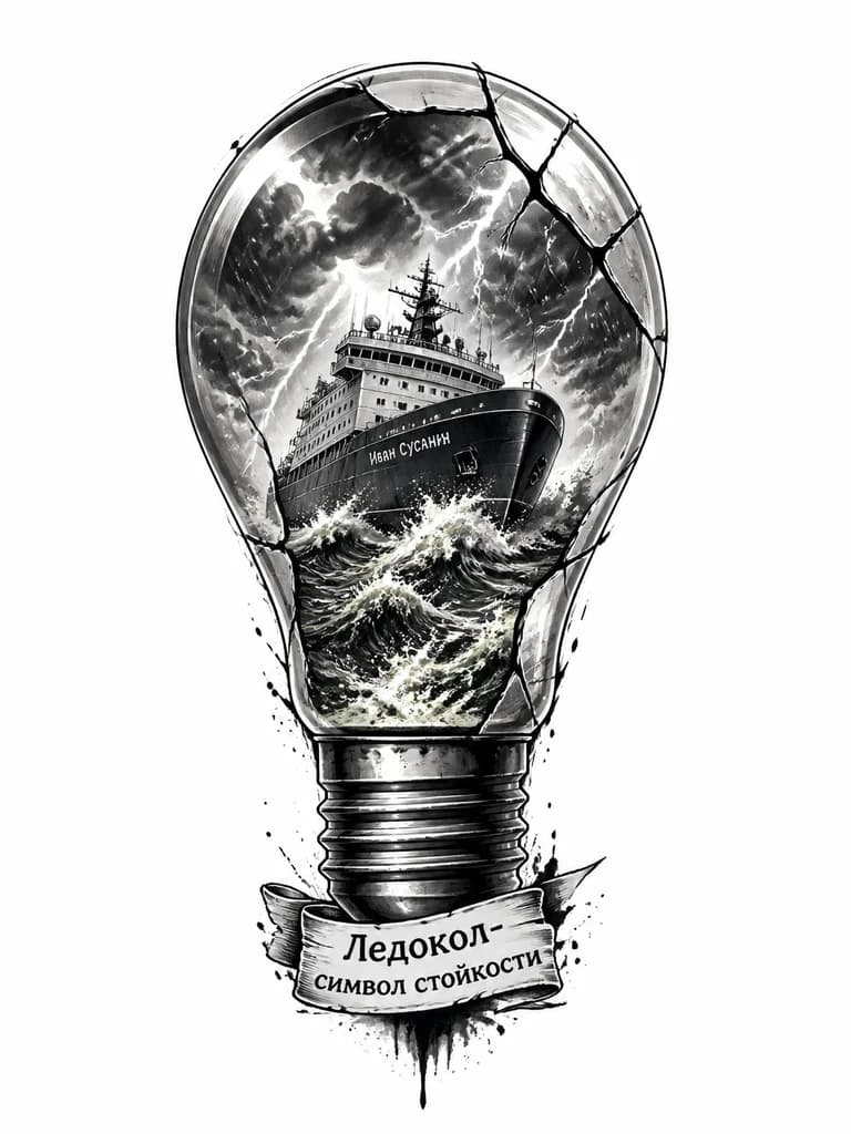 Тату эскиз: Лампочка с трещиной, а внутри неё ледокол «Иван Сусанин» на фоне шторма