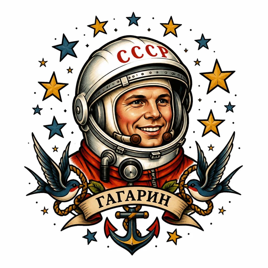 Тату эскиз: Портрет Юрия Гагарина в шлеме космонавта, вокруг изображения располагаются желтые и синие звездочки