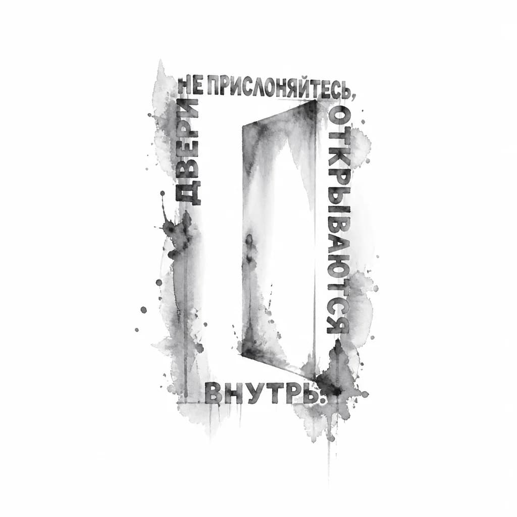 Тату эскиз:  надпись Не прислоняйтесь, двери открываются внутрь. Надпись образует контур двери