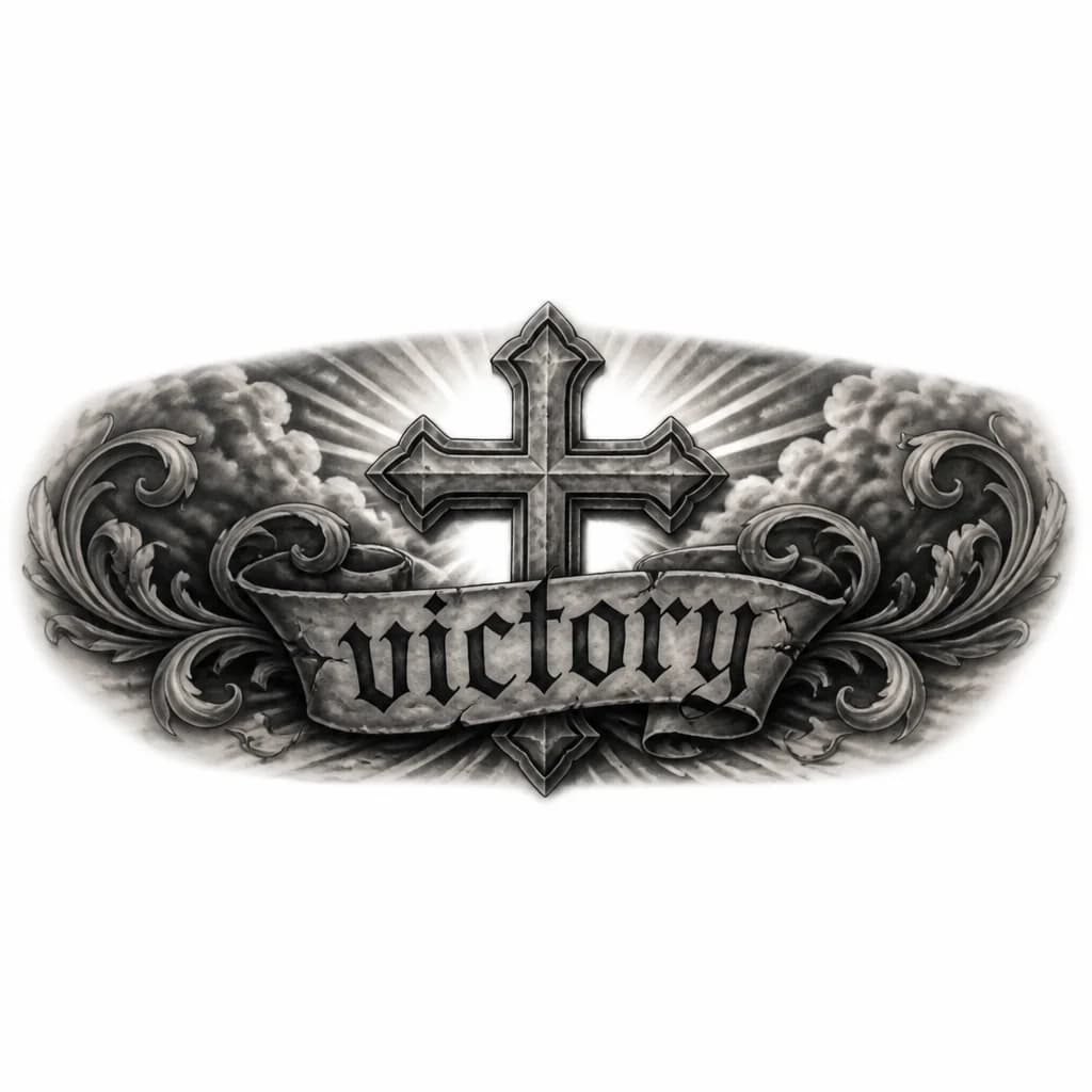 Тату эскиз: сделай католический крест и надпись victory