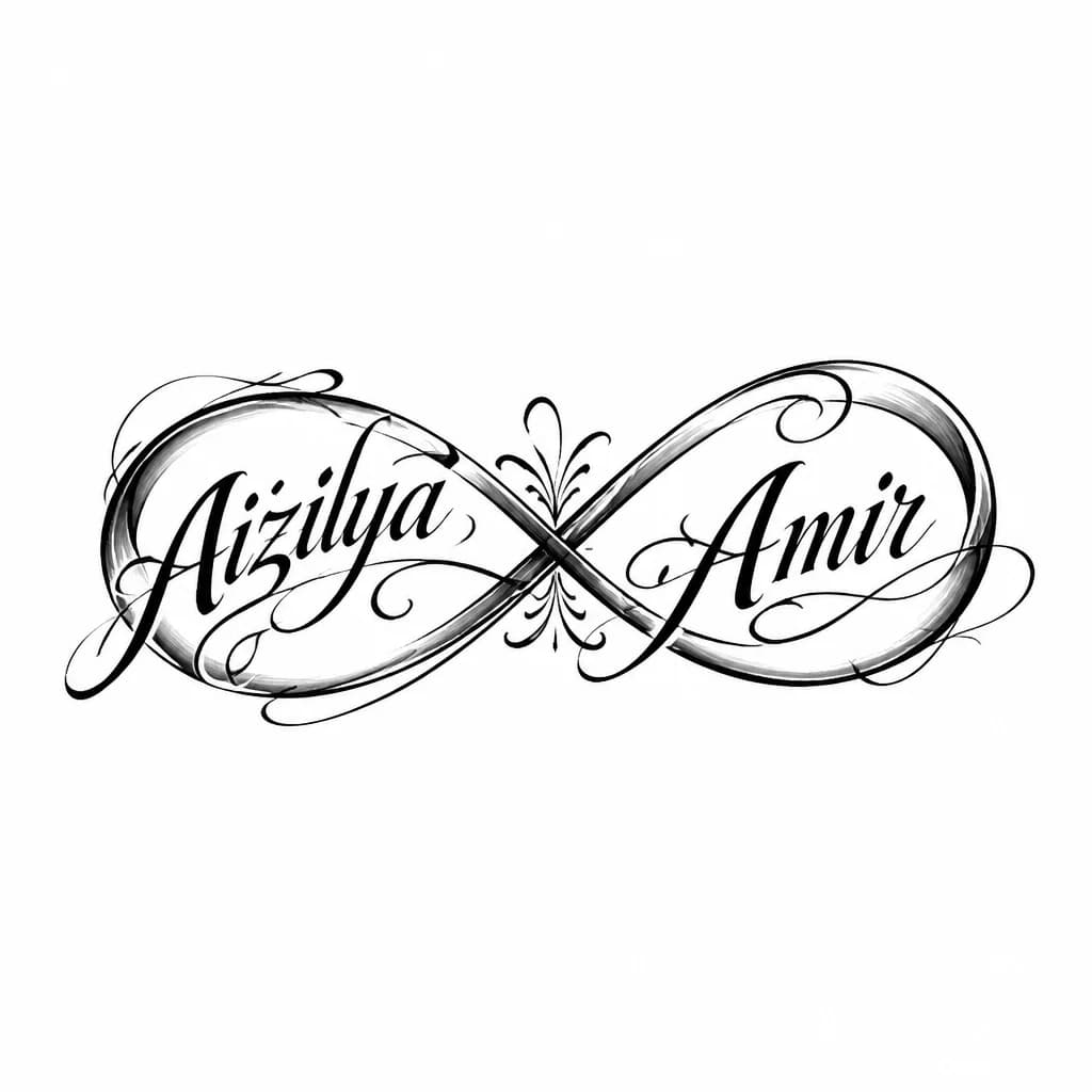 Тату эскиз: Бесконечность с надписью с одной стороны Aizilya с другой Amir