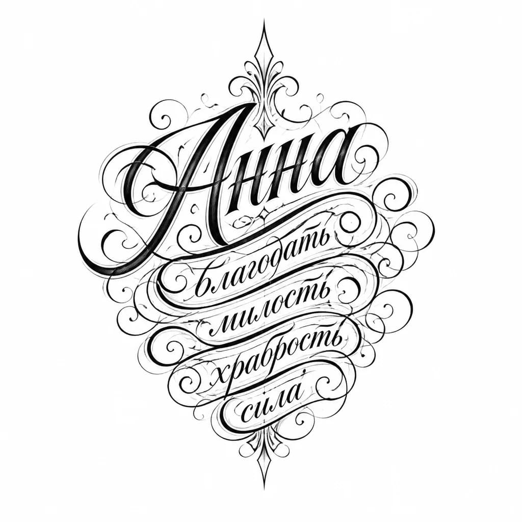 Тату эскиз: Анна - 

"благодать", "милость", 
"храбрость", "сила"