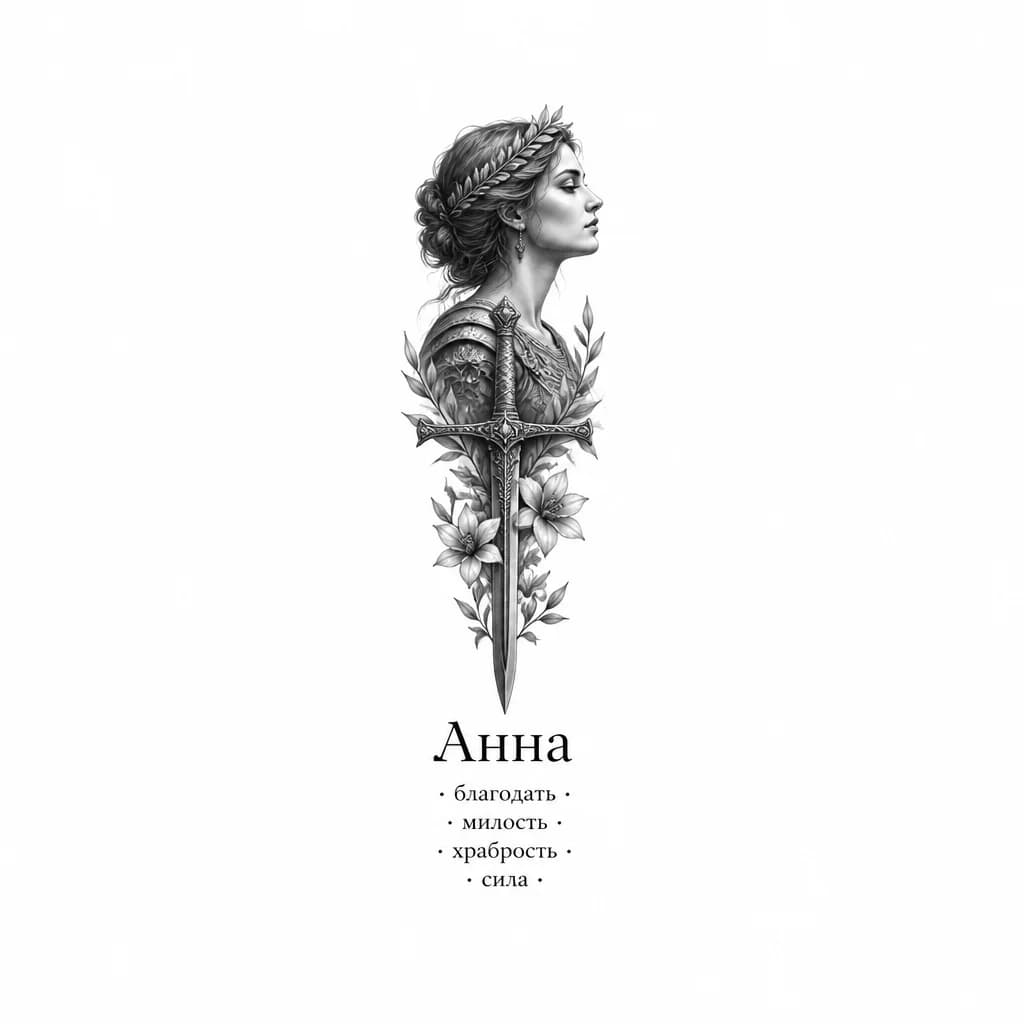 Тату эскиз: Анна - 

"благодать", "милость", 
"храбрость", "сила"