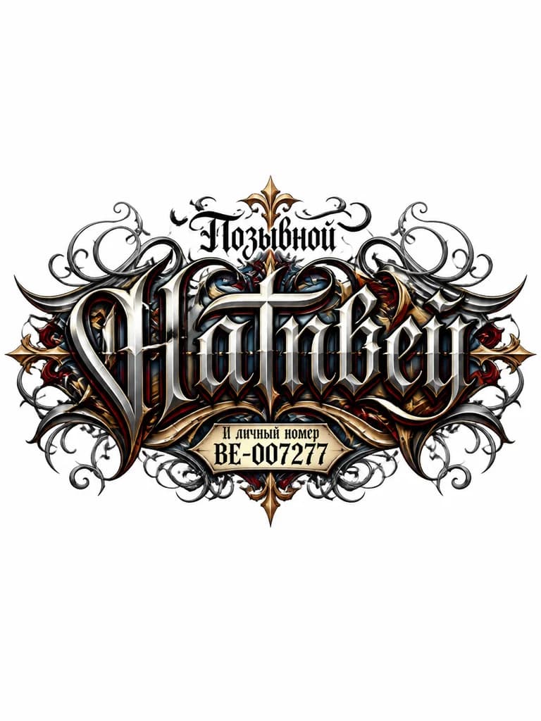 Тату эскиз: Позывной "Матвей" и личный номер ВЕ-007277