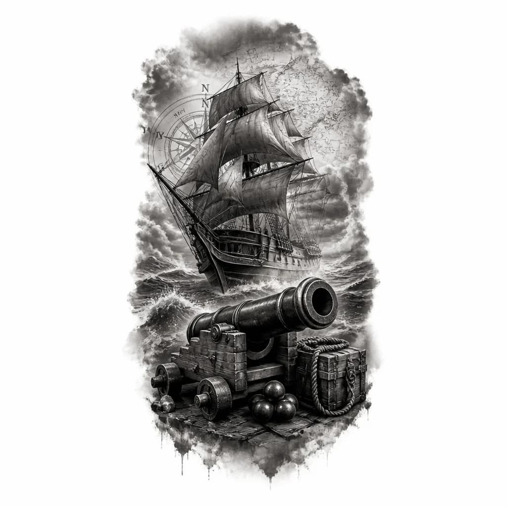 Тату эскиз: Морская похода и артиллерия
