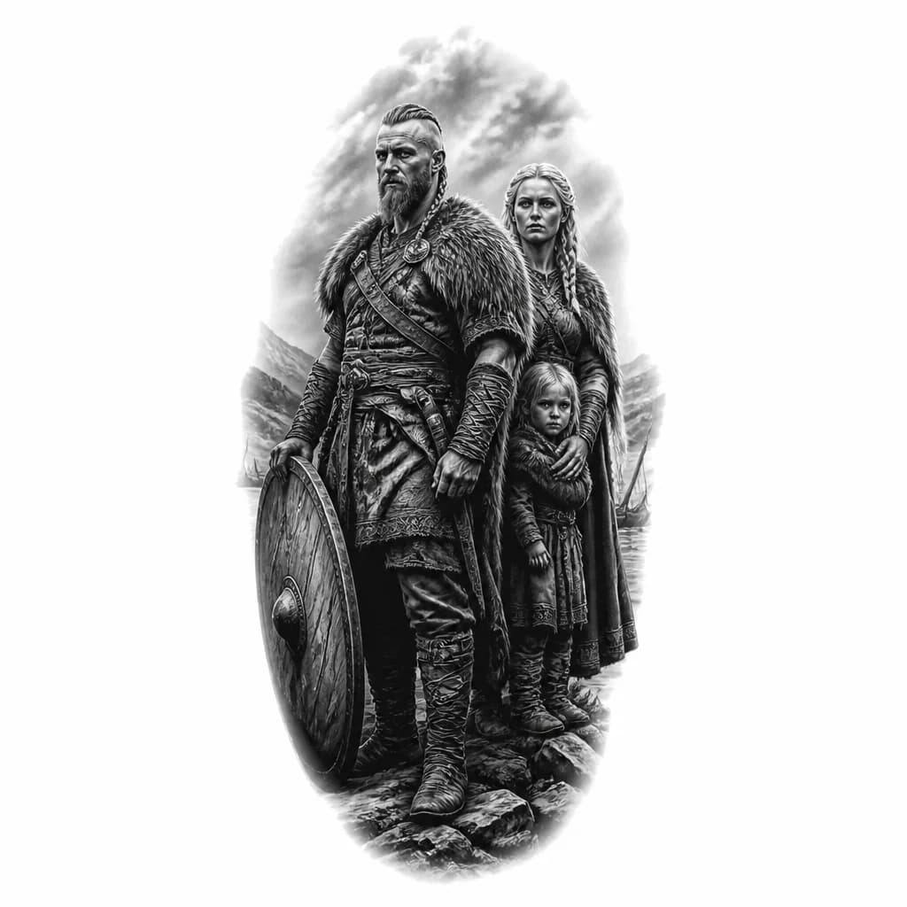 Тату эскиз: Стоит викинг и сзади него стоит женщина с ребенком
