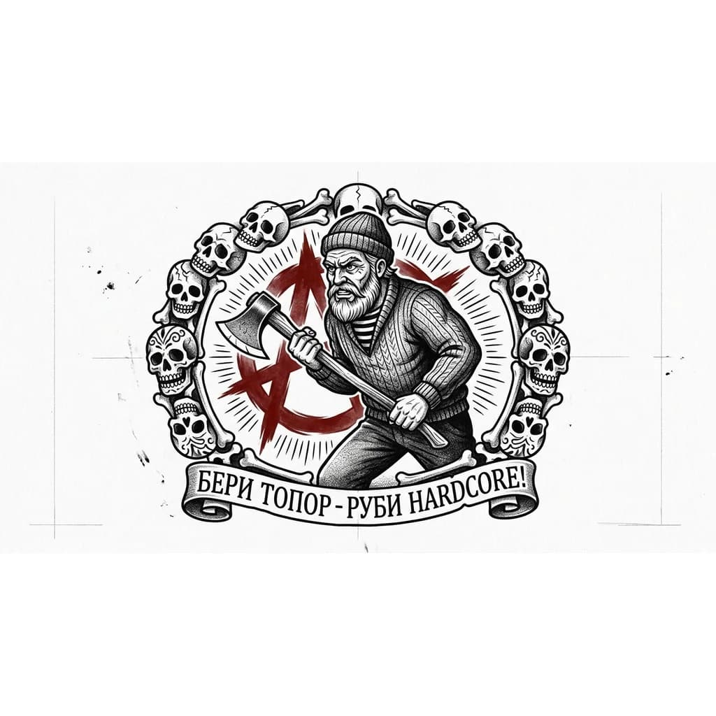 Тату эскиз: Дед с бородой в руках топор , яростно устремленный в бой. На заднем плане кровавый символ анархии. Вокруг него овальная рамка из черепов врагов.