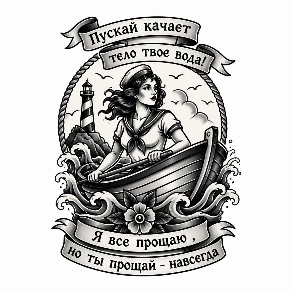 Тату эскиз: Мертвая девушка в лодке 