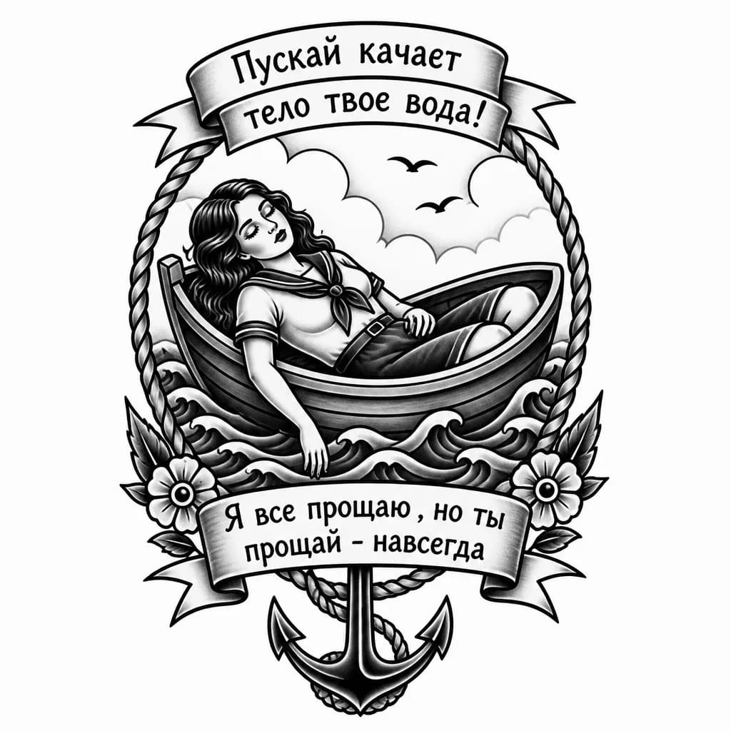 Тату эскиз: Мертвая девушка лежит в лодке 