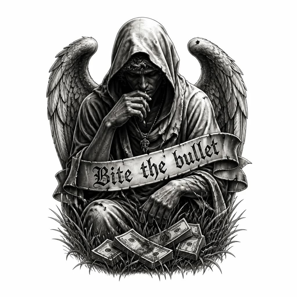Тату эскиз: ангел, капюшон, травка, деньги, надпись в ленте « Bite the bullet»