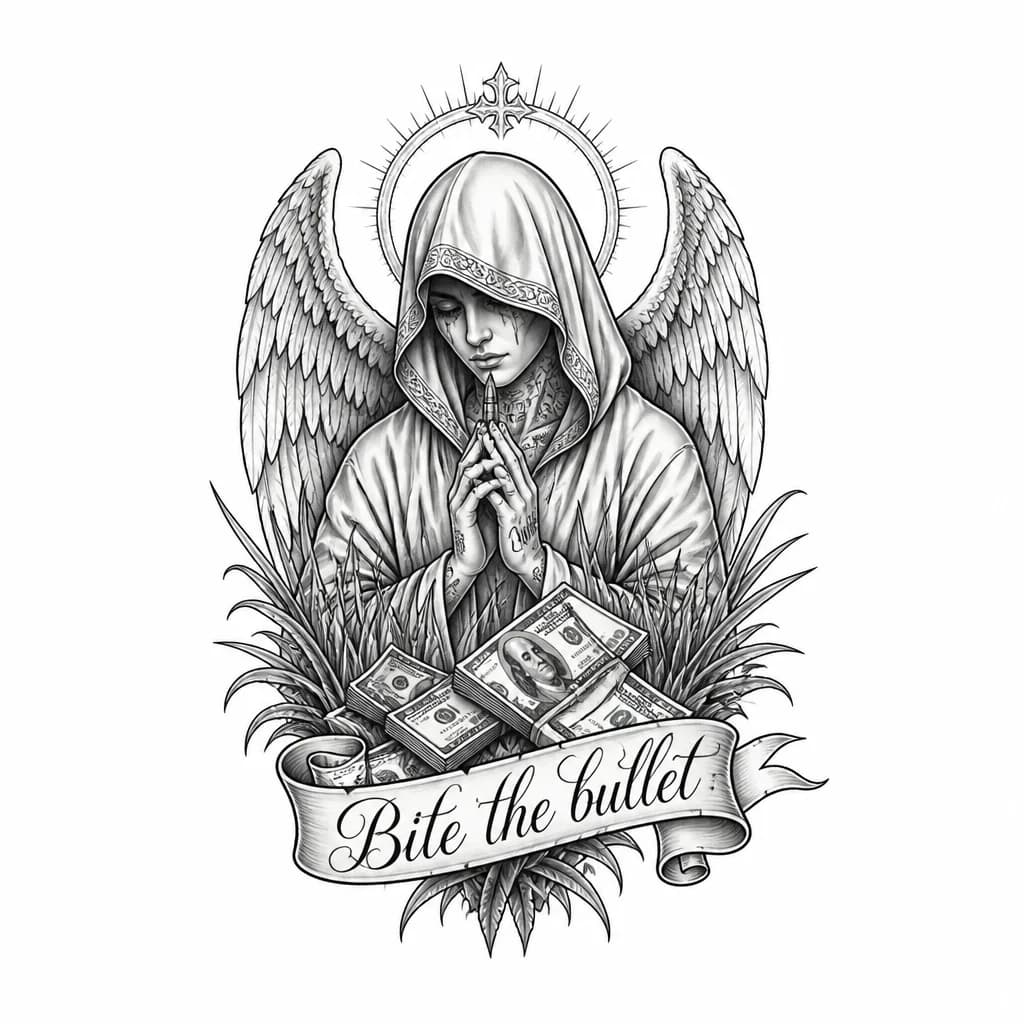 Тату эскиз: ангел, капюшон, травка, деньги, надпись в ленте « Bite the bullet»