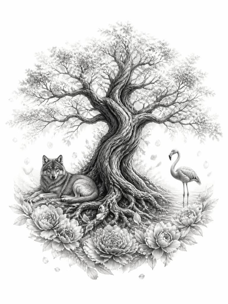 Тату эскиз: Эскиз татуировки на спине девушки в стиле реализм black & gray, 20–25 см. Вертикальная композиция «столб силы» со смещением от позвоночника. Иггдрасиль с мощным стволом, фактурной корой и глубокими тенями; лёгкая полупрозрачная листва; корни мягко уходят в тени. Слева у корней — собранная волчица, будто охраняет дерево; справа — лёгкий фламинго в воде; у подножия полукруг пионов. Падающие лепестки смешиваются с корнями. Без жёстких рамок и границ; края растворяются. Акцент на балансе масс.