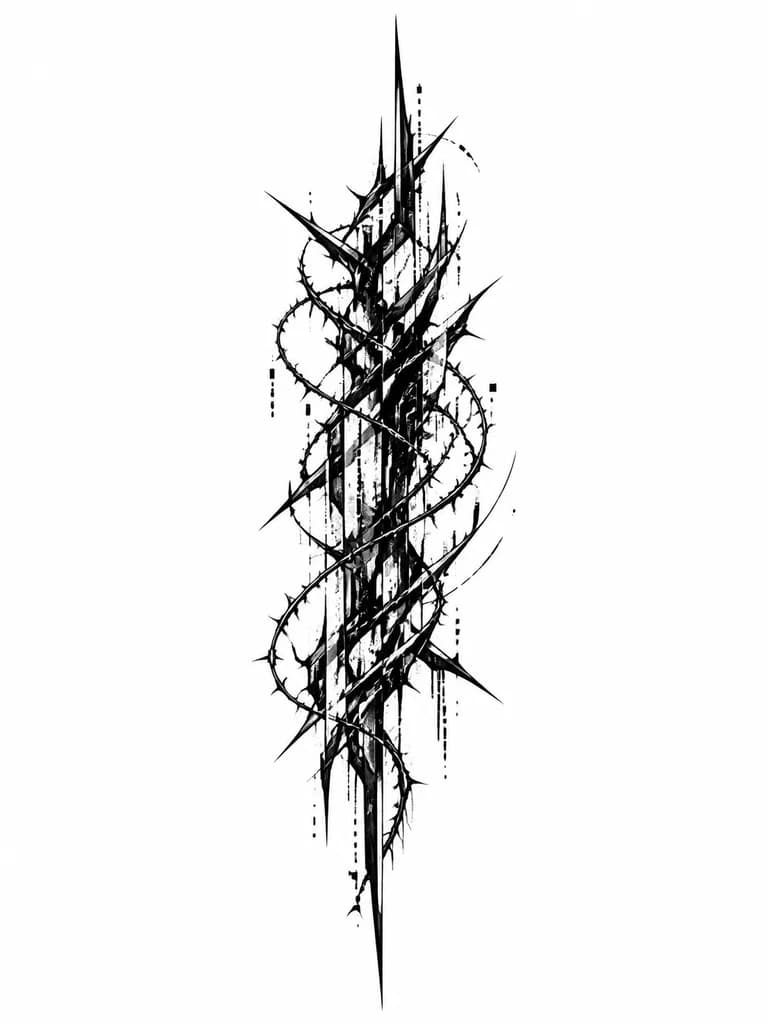 Тату эскиз: Pure abstract patterns, sharp spikes, thorns, NO faces, NO humans, NO skulls, black ink