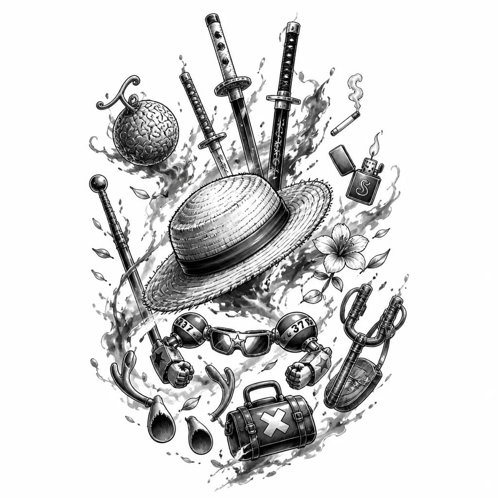 Тату эскиз: 

Композиция вертикальная, с тёмным фоном, будто чёрное море. В центре, с лёгким наклоном, соломенная шляпа Люффи — Straw Hat — с красной лентой. Вокруг неё, парящие в чёрном пространстве, предметы команды Мугивара: три меча Зоро, один из которых — Вада Ичидзёнаги — с чёрным лезвием, красными рунами и самурайской цубой; сигарета и зажигалка Санджи; посох Нами; цветок Робин; два копытца и докторская сумка Чоппера; рогатка Усоппа; супер-руки и очки Фрэнки; дьявольский фрукт