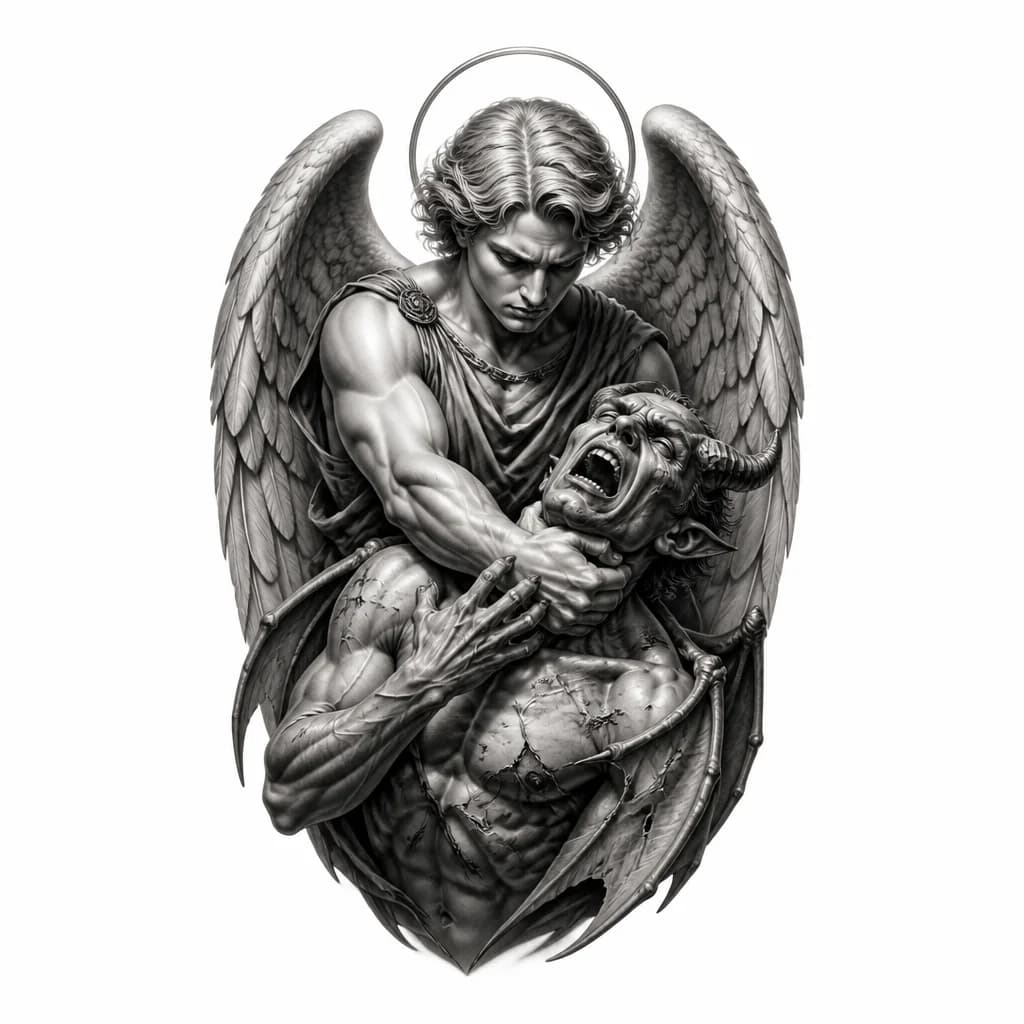 Тату эскиз: Ангел душит демона
