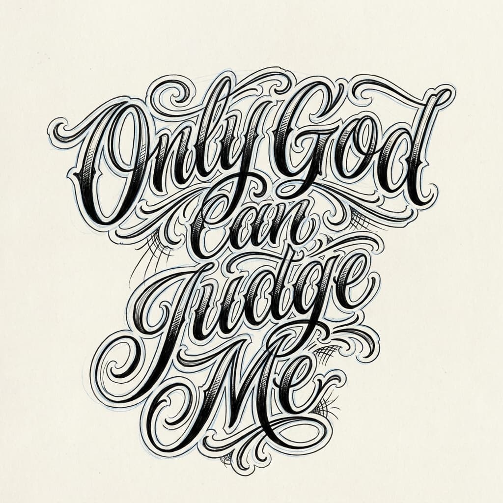 Тату эскиз: «Only God can judge me» — мужская чикано-надпись