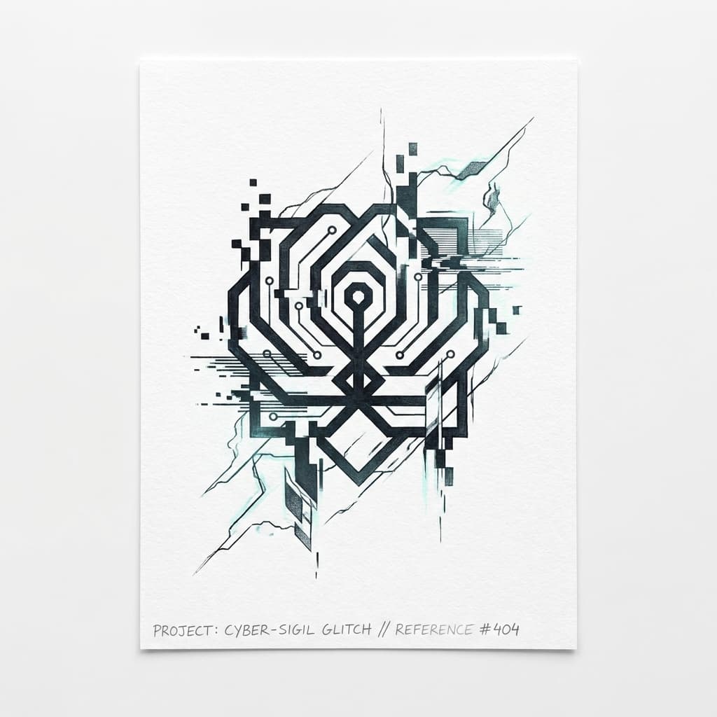 Тату эскиз: Cyber sigilism — глитч-глиф с разрывами