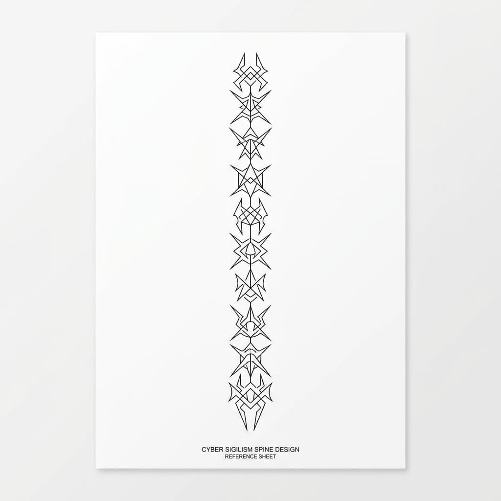 Тату эскиз: Cyber sigilism — для позвоночника, цепь сигилов