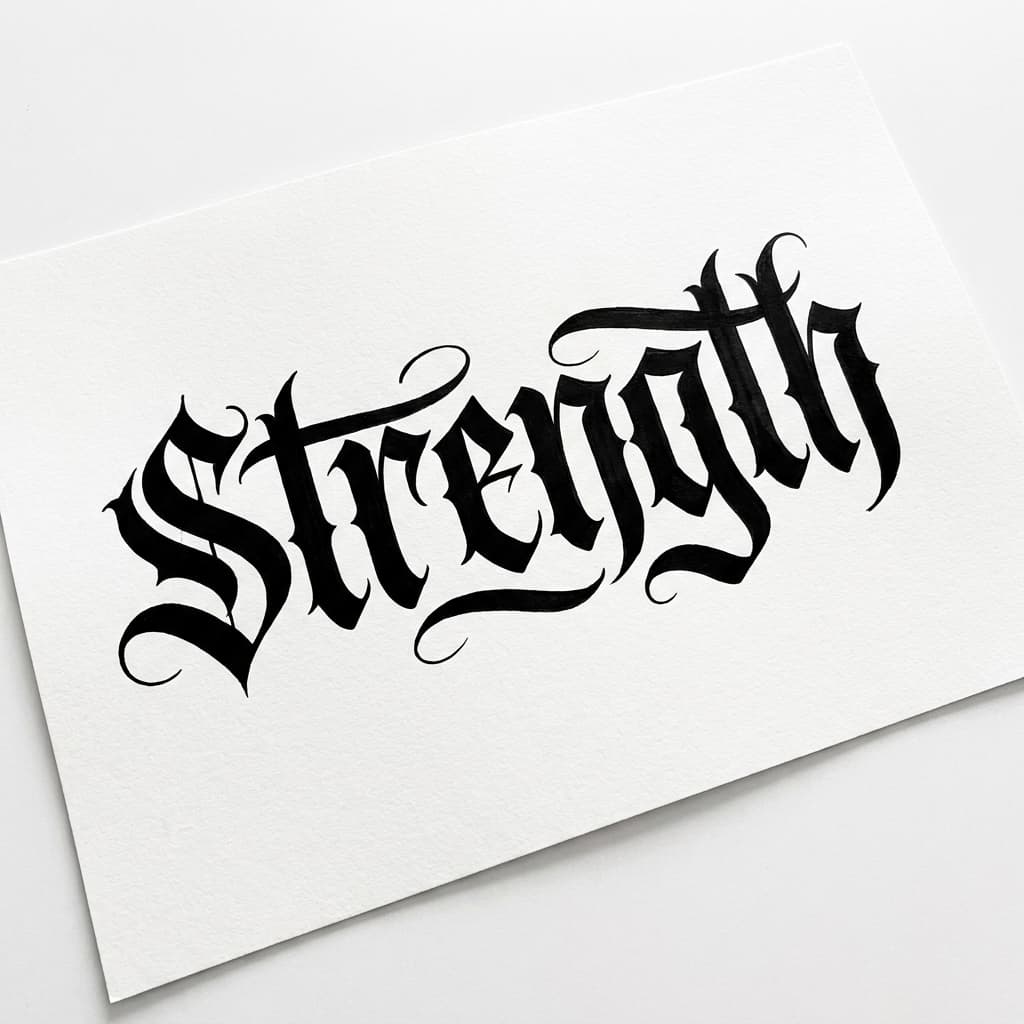 Тату эскиз: «Strength» — мужская надпись готикой