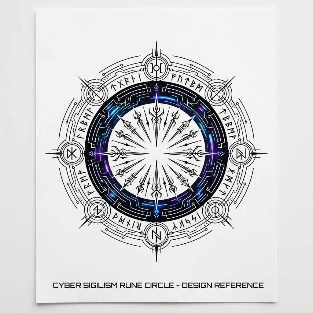 Тату эскиз: Cyber sigilism — круг кибер-рун